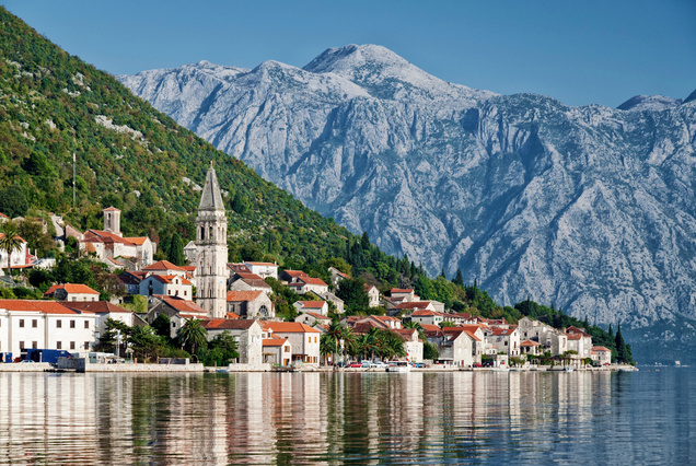 perast traditional balkan village mountain landscape by kotor bay montenegro